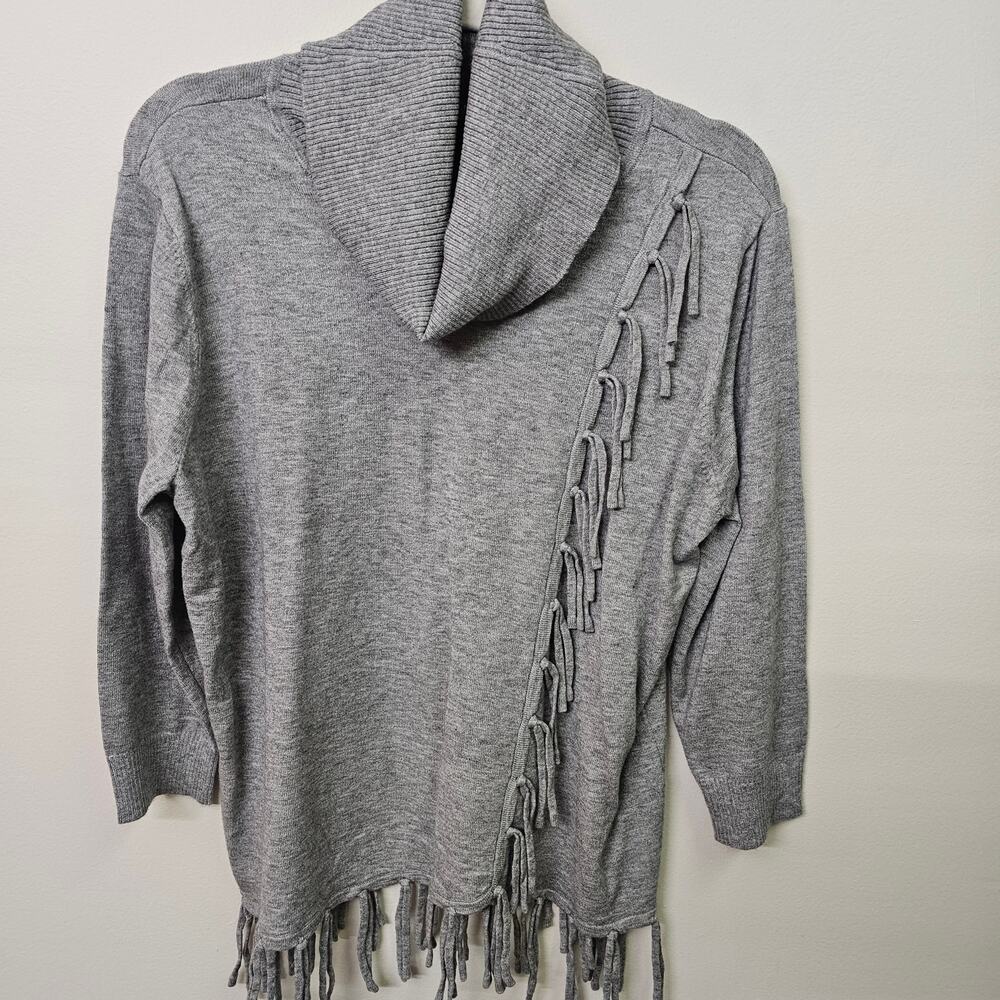 Heathered Gray Sweater Fringe SZ L |  Faux Wrap Turtleneck Adrienne Vittadini